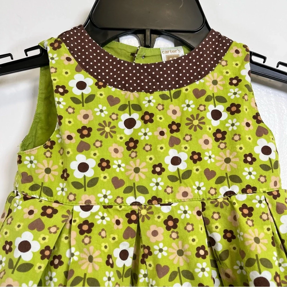 Vintage Kids Carters‎ Baby 18m Green Brown floral sundress polka dot trim